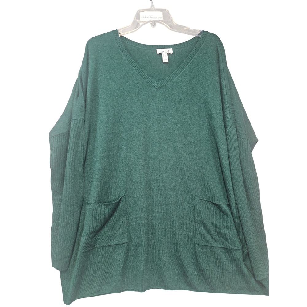 Denim & Co Womens 1X Forest Green V-Neck Oversized Knit Sweater Pockets A458593